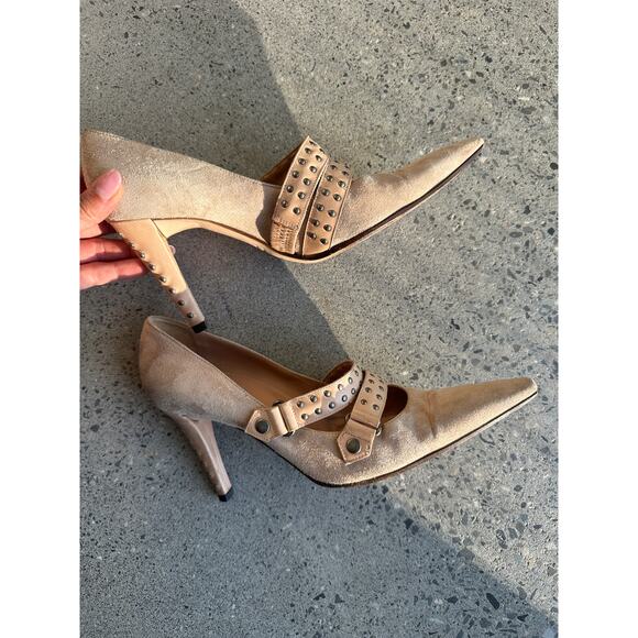Sergio Rossi Women’s 8 Heels Tan Studded Suede Pointed Strappy Y2K Rocker - Picture 2 of 3
